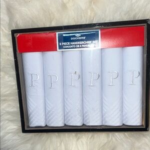 Dockers White “P” Monogrammed Handkerchief Set of 6 NIB